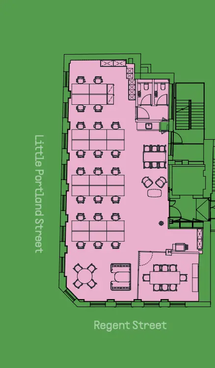 Floor plan of full time office workspace in Rx 12 Little Portland Street