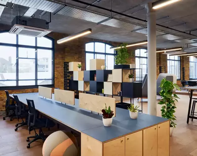 Office Space at One Crown Square showcasing a long black office desk with light wood dividers and black mesh office chairs, there are pot plants throughout