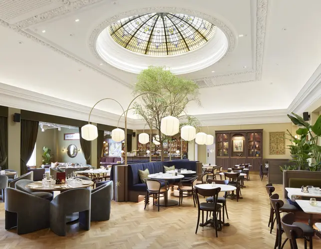 An office with wooden desks.