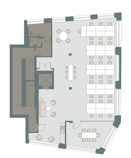 Floor plan of full time office workspace in Sub800 80 Clerkenwell Road