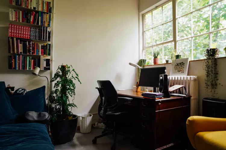 cozy office with wooden desk plants on the window and sofa.jpg