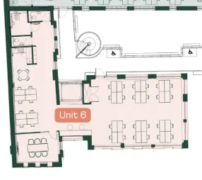 Floor plan of full time office workspace in Huguenot Place