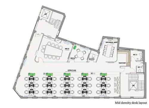 Floor plan of full time office workspace in Topham Works