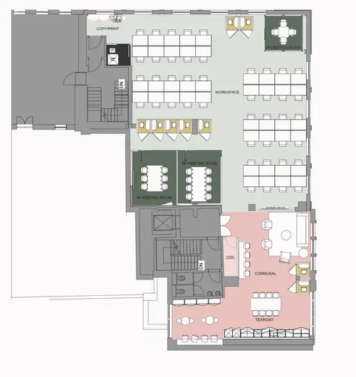 Floor plan of full time office workspace in 33 Charlotte Street