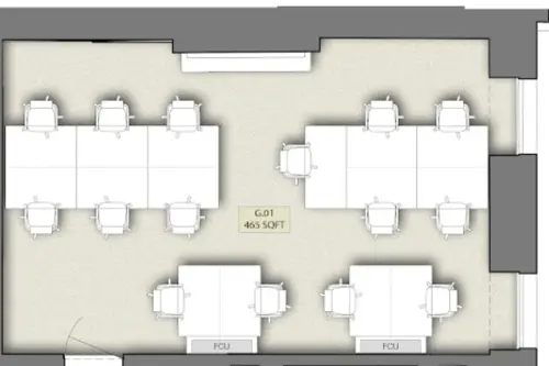 Floor plan of full time office workspace in Hale House 