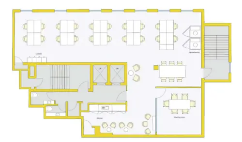 Floor plan of full time office workspace in 16 Dufour's Place