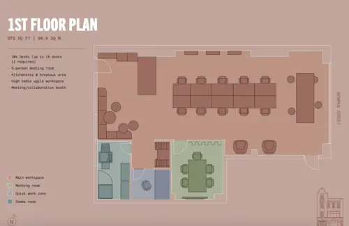 Floor plan of full time office workspace in 75 Newman Street