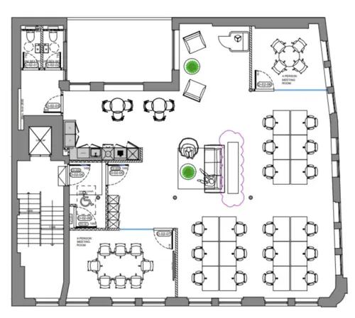 Floor plan of full time office workspace in 22 Cowper Street