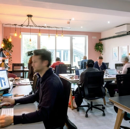 People working at the hot desk area at HomeWork Workspace Putney