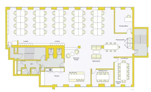 Floor plan of full time office workspace in 16 Dufour's Place