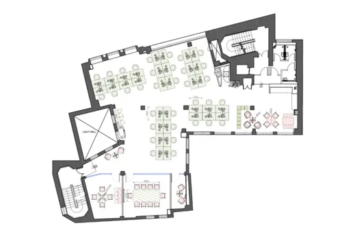 Floor plan of full time office workspace in Well Court