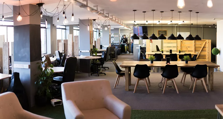 Coworking area with hot desks and breakout space 