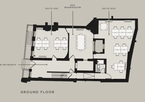 Floor plan of full time office workspace in 46 Bedford Row