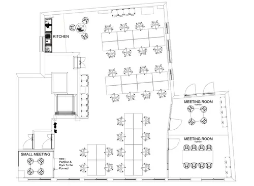 Floor plan of full time office workspace in Hubflow Bank