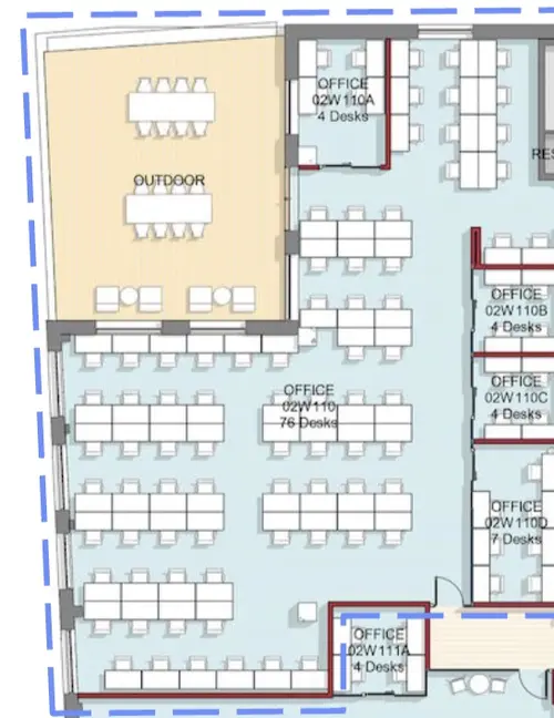 Floor plan of full time office workspace in Wework 145 City Road