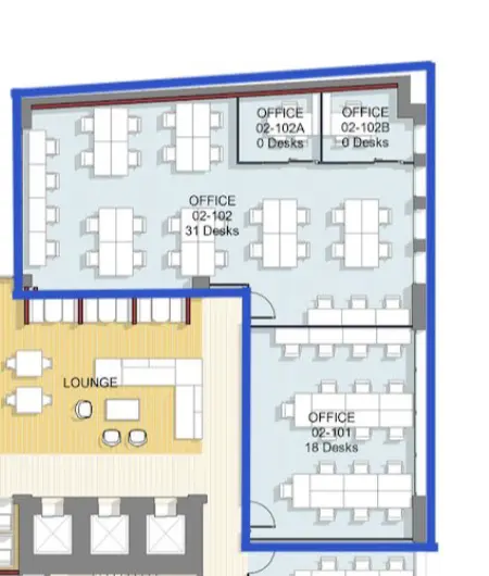 Floor plan of full time office workspace in 33 Queen Street