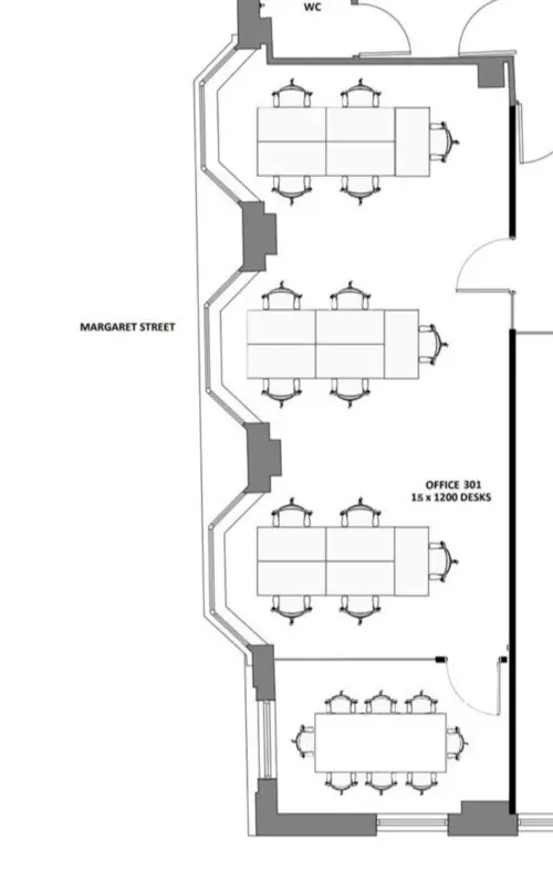 Floor plan of full time office workspace in Margaret Street 