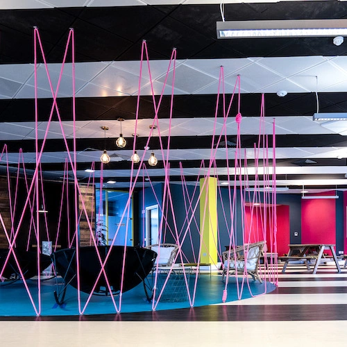 Bright and colourful coworking area at Huckletree Dublin 