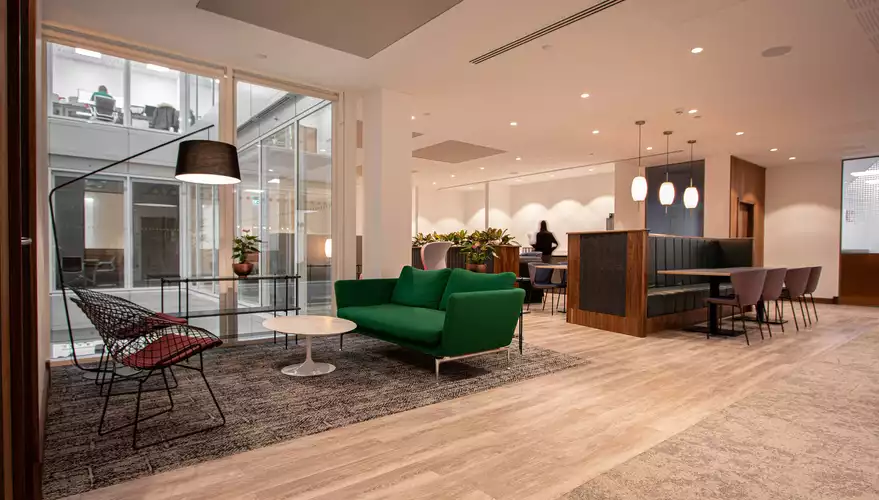 Coworking area and breakout space in Gilbanks One Park Row