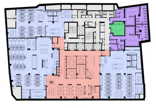 Floor plan of full time office workspace in HubHub Worship Square