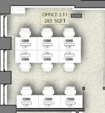 Floor plan of full time office workspace in Riley Studios