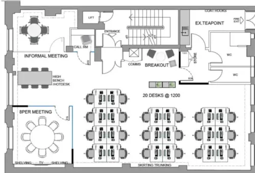 Floor plan of full time office workspace in Poland Street