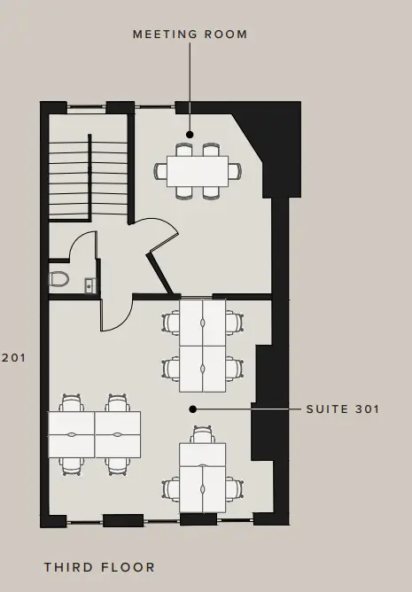 Floor plan of full time office workspace in 34 Tavistock Street