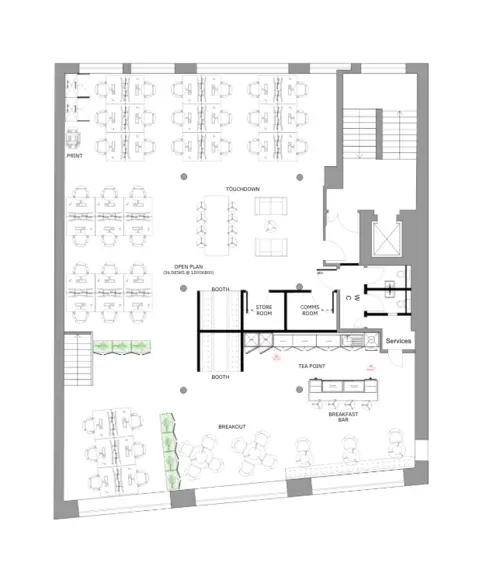 Floor plan of full time office workspace in Base Parchment House
