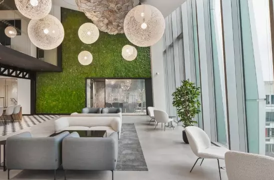 An office space with large windows.