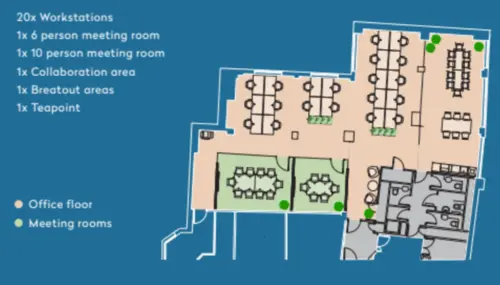 Floor plan of full time office workspace in Workplace+ 100 Cannon Street