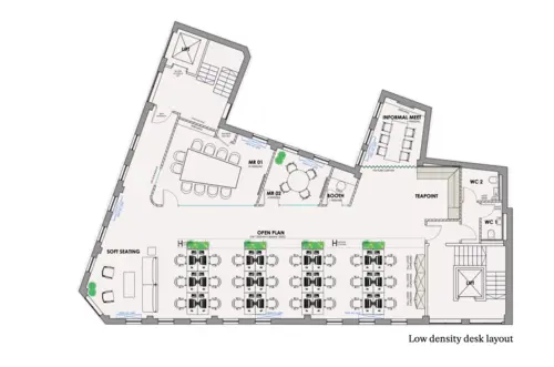Floor plan of full time office workspace in Topham Works