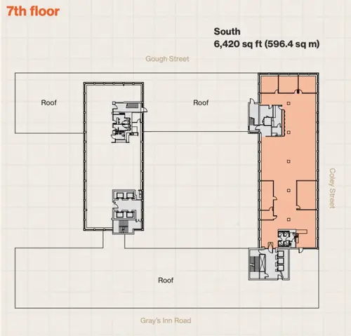 Floor plan of full time office workspace in New Printing House Square, 222 236 Gray's Inn Road