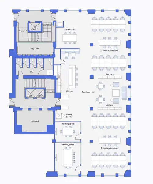 Floor plan of full time office workspace in GPE Kent House