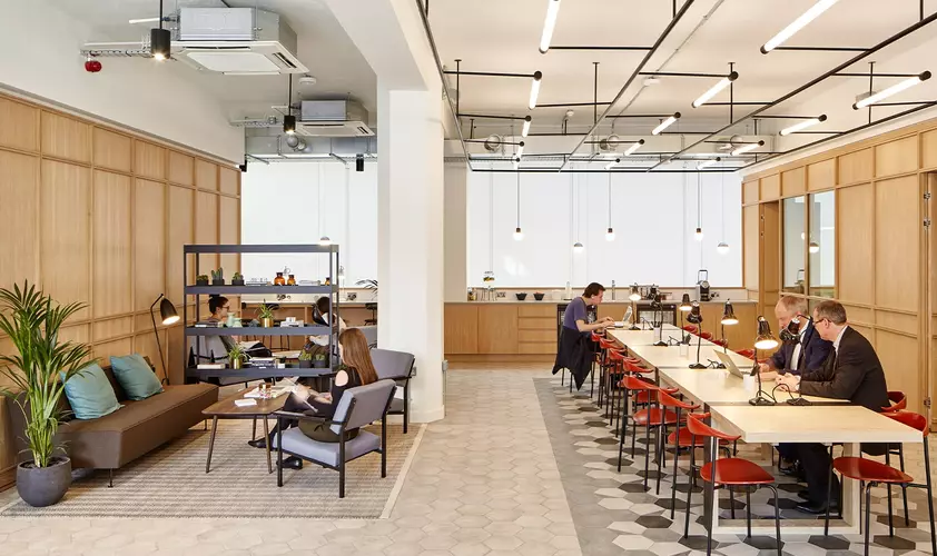 Coworking area and breakout space in FORA The Smiths Building