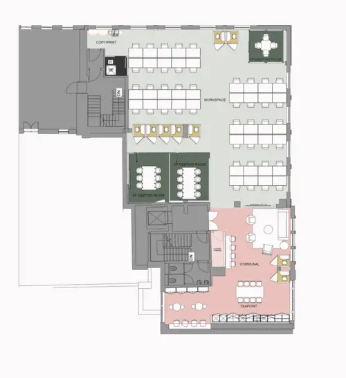 Floor plan of full time office workspace in 33 Charlotte Street