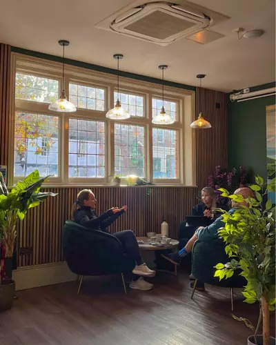 Coworking area and breakout space in The Green Room